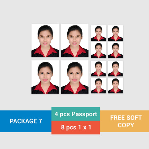 ID Package 7: 4 pcs. Passport Size 1.37 x 1.77 in. and 8 pcs. 1 x 1 in.