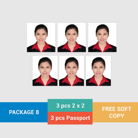 ID Package 8: 3 pcs. 2 x 2 in. and 3 pcs. Passport Size 1.37 x 1.77 in.
